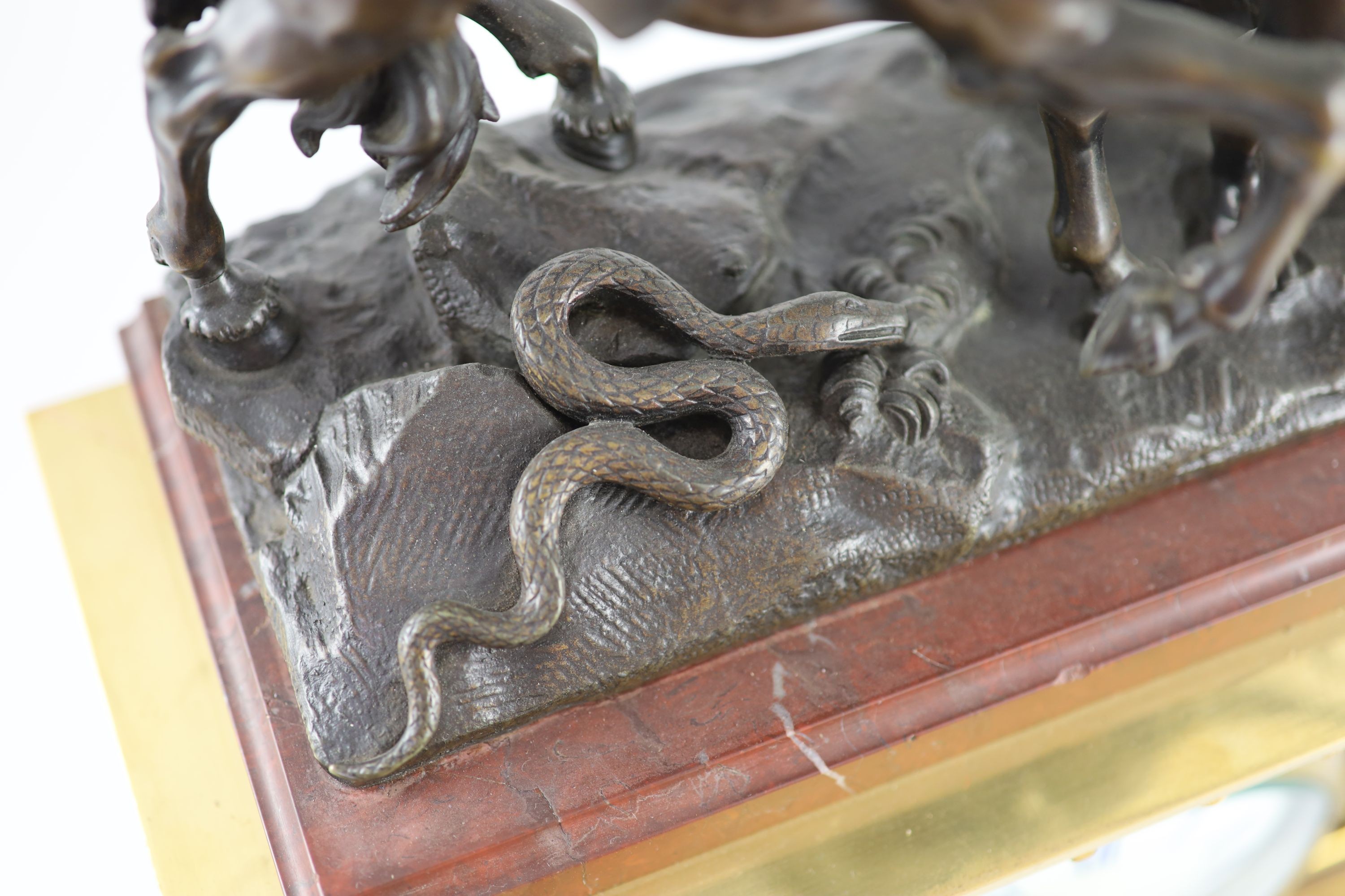 A late 19th century French bronze mounted rouge marble mantel clock, H 53cm. W 34cm.